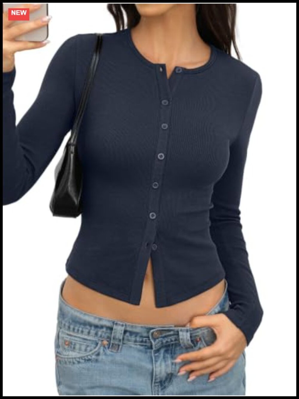 Womens Cotton Ribbed Knit Fitted Long Sleeve Crop Top Button Front Y2K